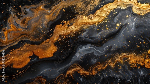 Abstract fluid art painting background with alcohol ink technique in black and gold