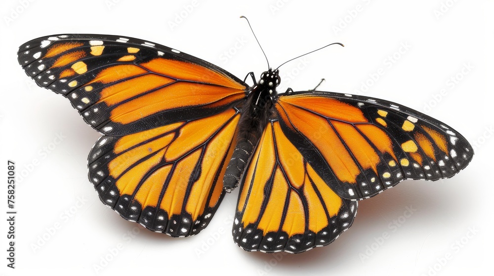 a large orange butterfly with black spots on it's wings, with a white back ground and a white back ground. a large orange butterfly with black spots on it's wings, with a white back ground and a white back ground.