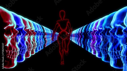 Glowing neon human robot runs towards the camera with changing colors, accompanied by shaking neon skulls on the sides. Ideal for VJ loops, events, and motion graphics