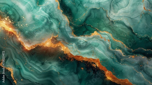 Flowing watercolor background. Spilled green paint. Golden veins and liquid marble texture. Fluid art luxury wallpaper. © Diana