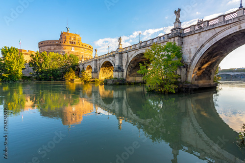 Castle of Holy Angel (Castel Sant'Angelo) and St. Angel bridge (Ponte Sant'Angelo) over Tiber river in Rome, Italy