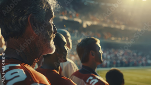 A senior football fan in a jersey watches a game intently from the stands, evoking feelings of anticipation and excitement