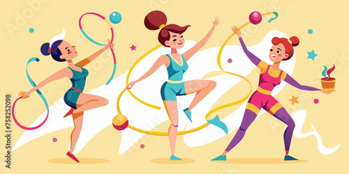 Group of girls in sportswear doing rhythmic gymnastics vector illustration