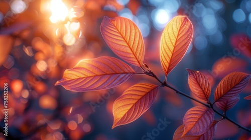  a close up of a leaf on a tree branch with the sun shining through the leaves and a blurry background. © Shanti