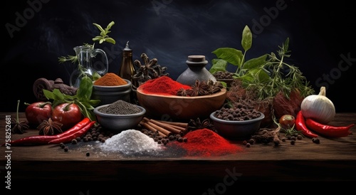 different spices and vegetables are placed on a wooden