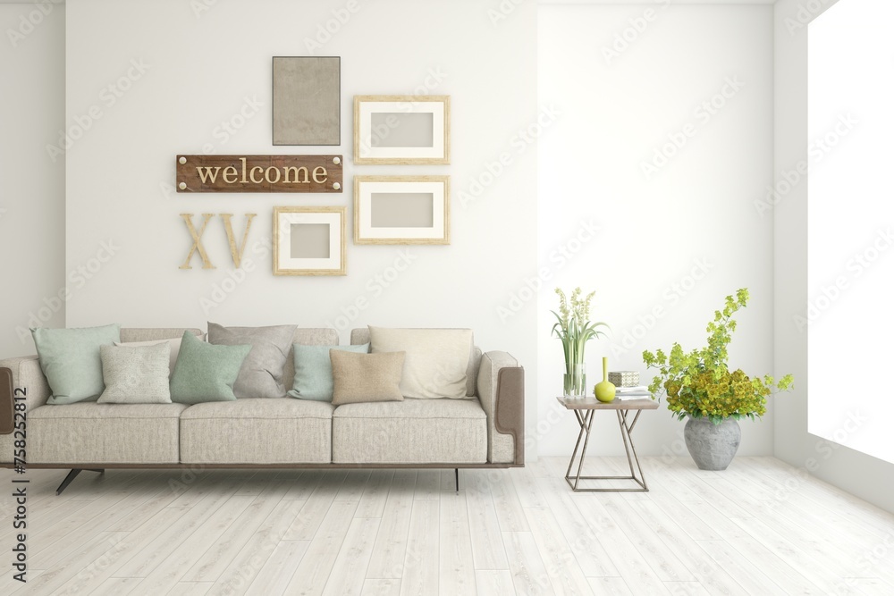 Fototapeta premium White living room with sofa. Scandinavian interior design. 3D illustration