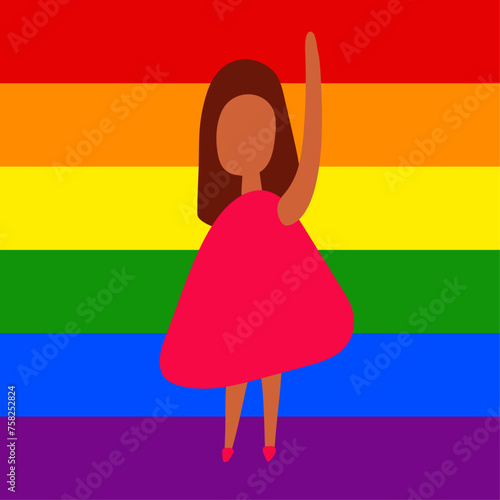 Poster for pride month with woman in pink clothes and lgbt flag (rainbow) on background