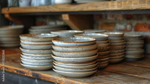 Stack of White Plates on Wooden Table