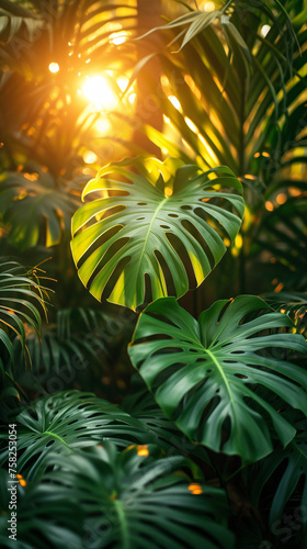 Sunlit Tropical Greenery: A Vibrant Display of Lush Monstera and Palm Leaves Illuminated by Golden Sunrays, Perfect for Nature Lovers and Botanical Art Enthusiasts