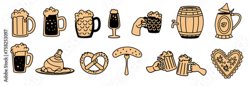 Beer and pretzels icons set on a white background. Oktoberfest vector illustration for design and print. German festival and beer culture. Oktoberfest set.