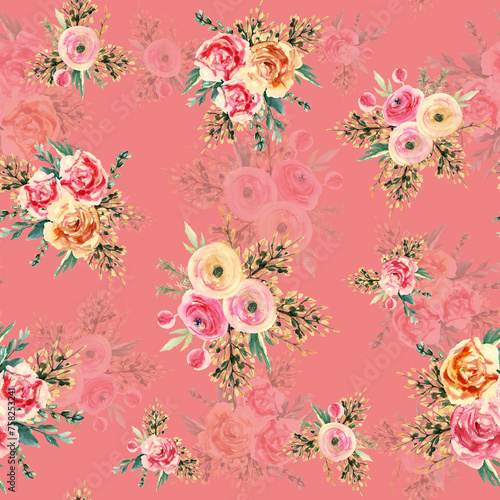 Seamless floral pattern with with watercolor flowers handmade