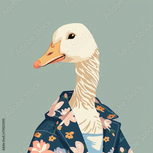 Anthropomorphic cool goose.Kawaii aesthetic, cottage-punk style, eccentric and candid, funny