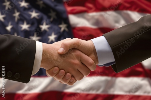 Handshake against the American flag, concept of patriotism and unity in business and politics