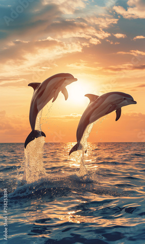 Dolphins at Sunset - A Majestic Leap Above the Ocean Waves Captured in a Breathtaking Seascape © Canvas Elegance