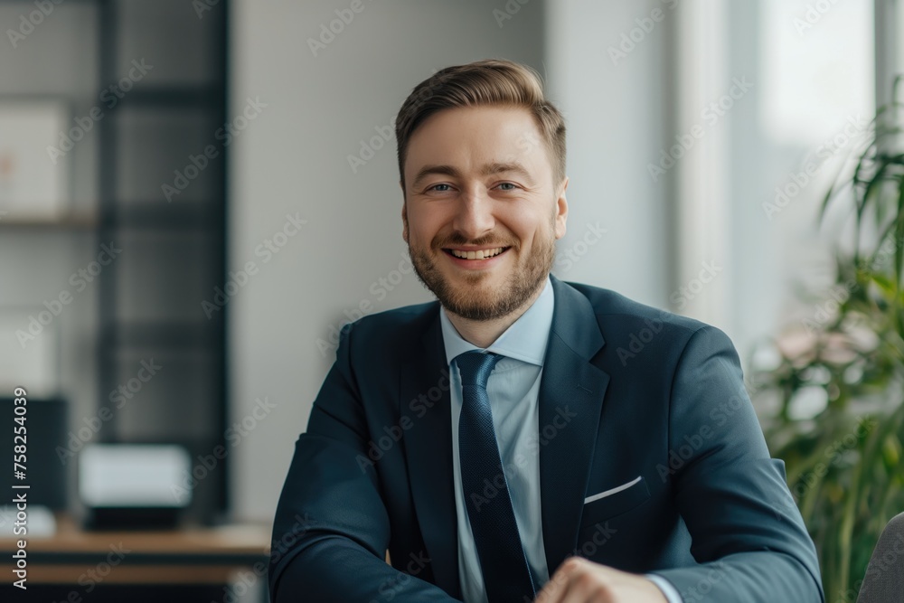 Confident portrait businessman smilling in a suit in the office Confident portrait businessman smilling in a suit in the office