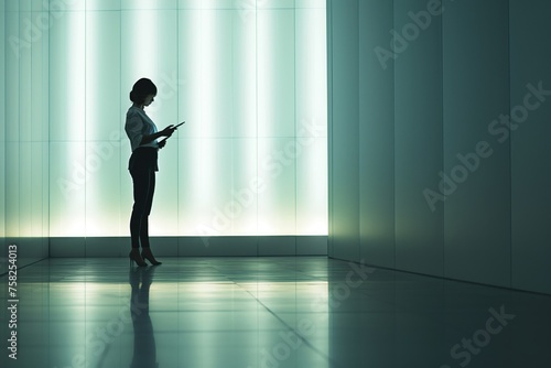 Business woman standing in hall and using digital tablet