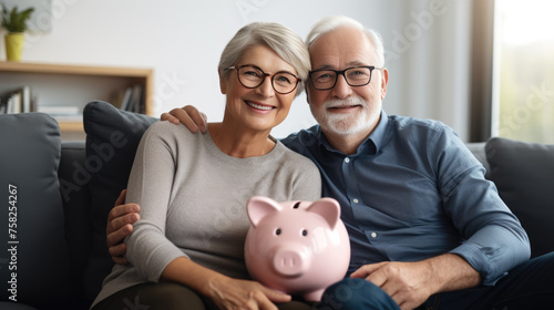 Cheerful senior couple sitting closely together on a sofa, holding a piggybank, symbolizing financial security and savings in their retirement years.