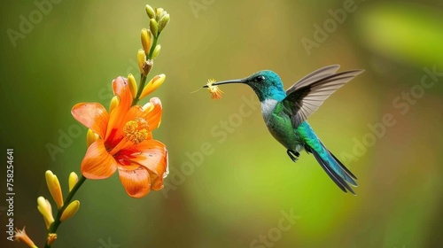 Green Purple-eared Hummingbird, (Colibri thalassinus), drinking flower nectar while flying in the forest photo