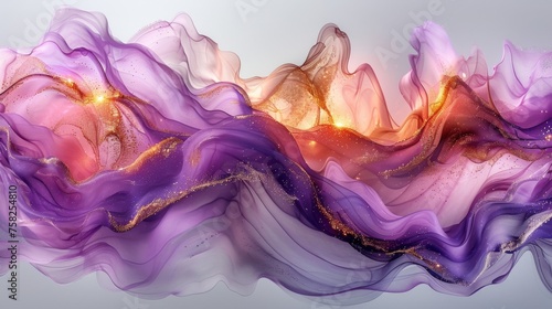  a close up of a painting of a wave of purple, gold and white material with a light in the middle of it.