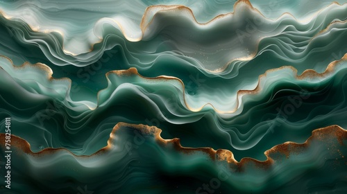  a close up of a painting of a wave of blue, green, gold, and white colors on a black background.