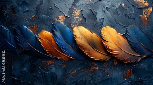 An abstract artistic background  featuring feathers  blues and golds brushstrokes. These are oil on canvas  modern art. Grey  poster  card  mural  print  wall art.