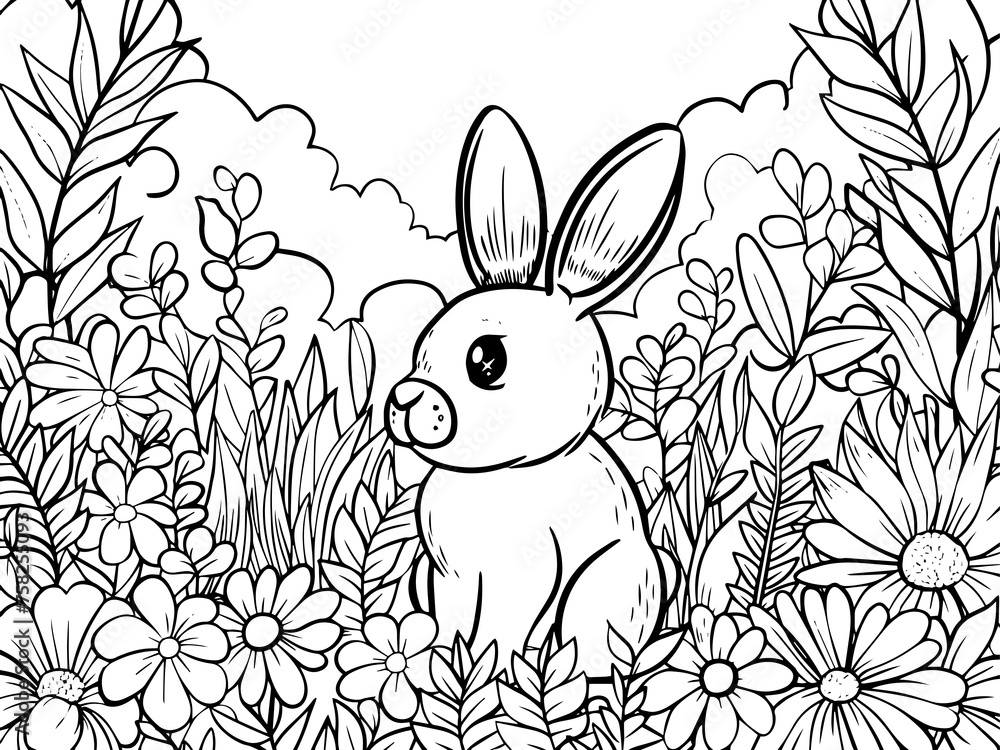 Coloring book image. Rabbit sits in the tall grass among the flowers. Raster, generative ai. Coloring book image. Rabbit sits in the tall grass among the flowers. Raster, generative ai.