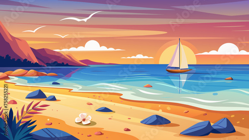 a serene seascape featuring a sea beach at sunset