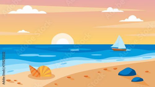 a serene seascape featuring a sea beach at sunset
