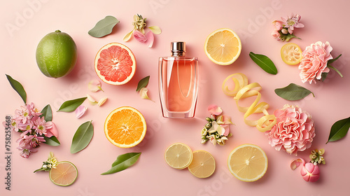 Perfume bottle surrounded by citrus fruits and pink flowers on a pastel background. Freshness and floral fragrance concept. Design for beauty, perfume branding, and spring advertising. Flat lay compos