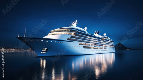 Portrait of a large luxury cruise ship at night with colorful lights on the ship