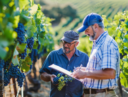 Two men wearing caps inspect grape clusters and make notes in a vineyard, indicating an agricultural evaluation photo