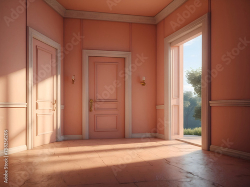 Peach fizz-colored interior, empty room with door, lots of sunlight. Minimalistic contemporary concept design.