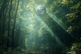An elegant image of a globe suspended in mid-air over a densely forested area, with a narrow beam of sunlight breaking through the canopy to illuminate the globe. This symbolizes the spotlight