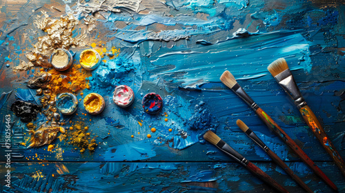Paint brushes and palette with blue and yellow paint on wooden surface