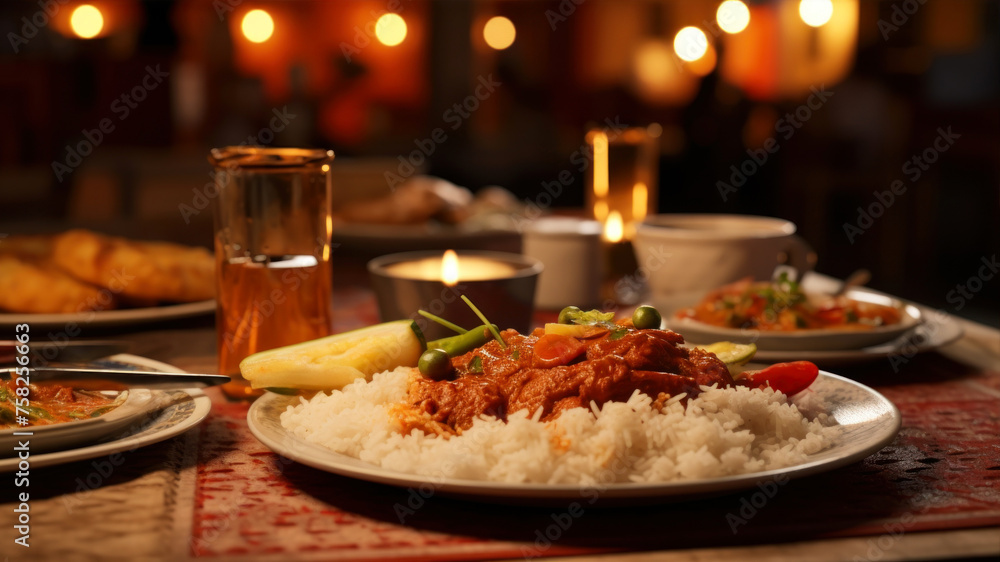 Traditional indonesian food on a table in an indian restaurant Traditional indonesian food on a table in an indian restaurant