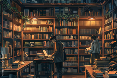 An atmospheric illustration of a library filled with books and two individuals engrossed in reading photo