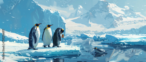 A group of penguins sharing a beer on an icy glacier.