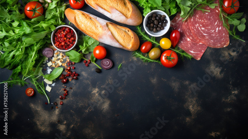 Healthy food background. Sausage, salami, cherry tomatoes, arugula, parmesan cheese and olives on a dark background