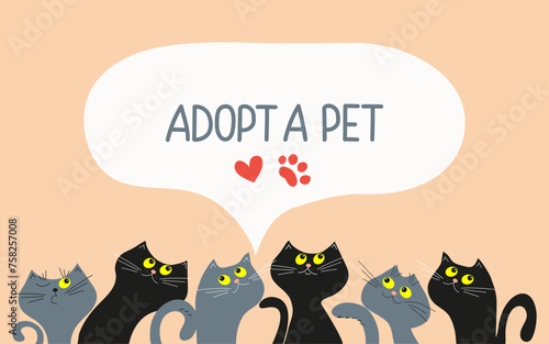 Banner, frame, text Adopt a pet. Cats in a row. Cute cartoon homeless kittens. Adopt homeless animals and raise them. Animal adoption concept. Don't buy, help homeless animals find  home.