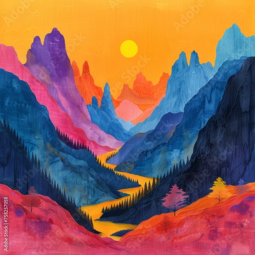 Colorful mountains on an orange banckground photo