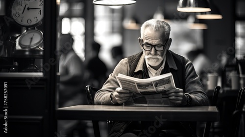 Vintage Cafe Moment: Elderly Man Reading Newspaper