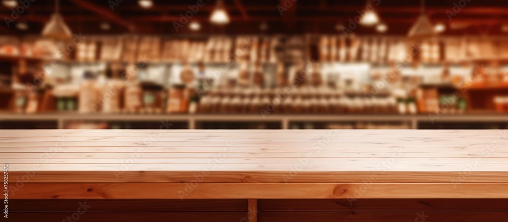 Wooden table empty with drink background in supermarket