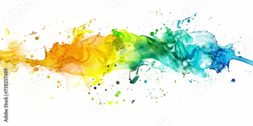 A vibrant dance of watercolor splashes  with yellow and green meeting in a dynamic burst against a pure white backdrop.