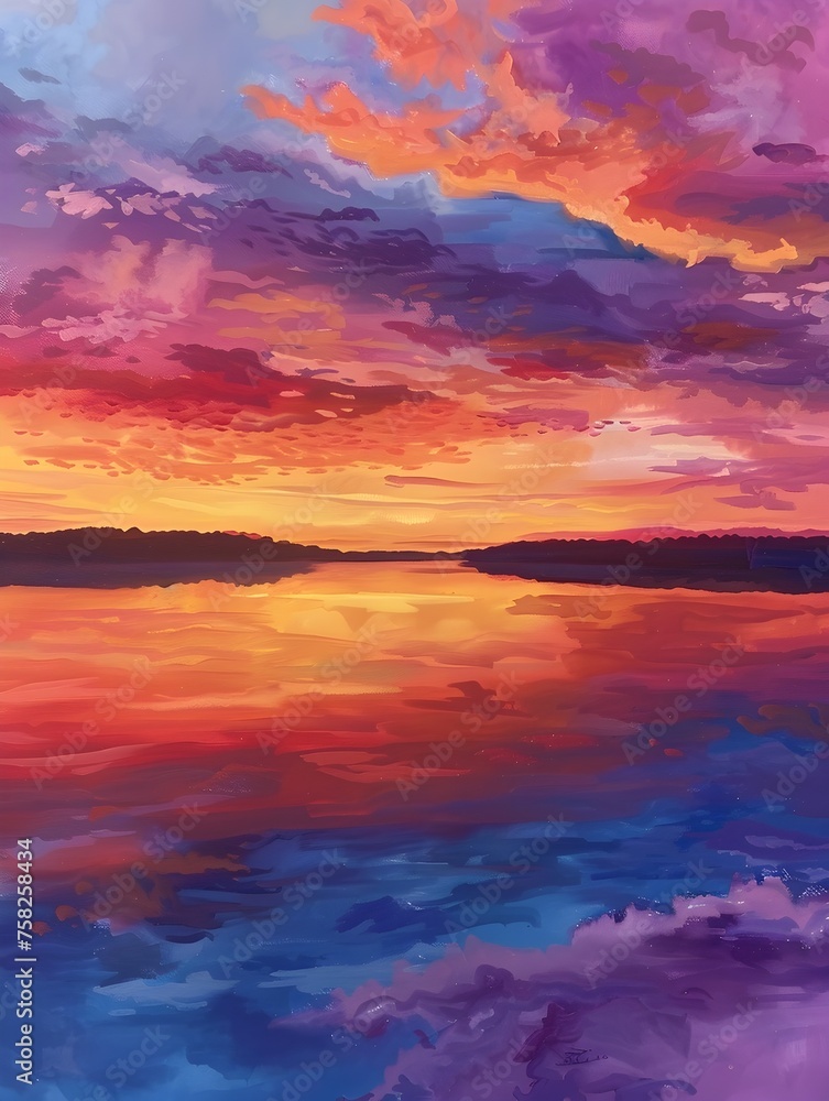 Colorful Sunset Oasis: A Tranquil Oil Painting of a Serene Lake Reflecting Vibrant Hues