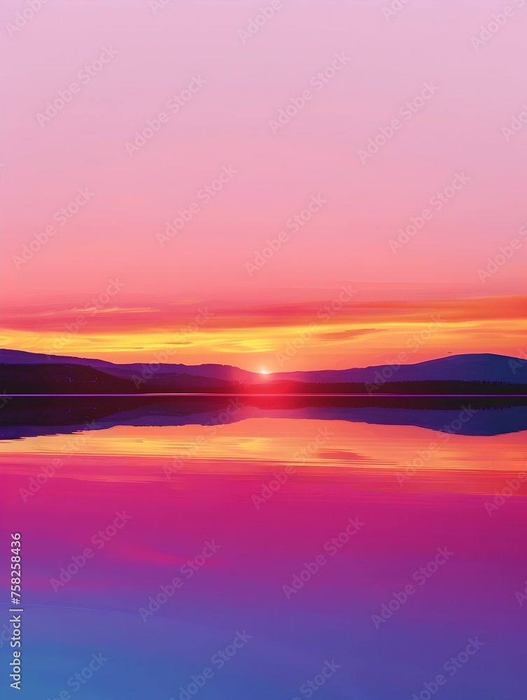 Colorful Sunset Lake Reflection in Vibrant Pink and Purple Hues - Digital Art Masterpiece