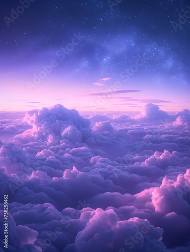 Dreamy Nighttime Ethereal Dreamscape of Stars and Floating Pink Clouds in a Purple Sky