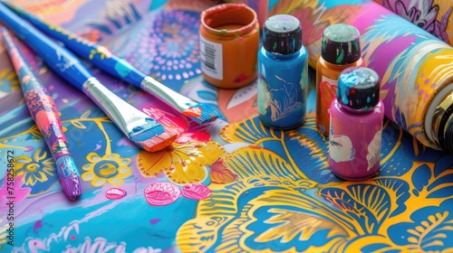 Fabric paint-themed images depicting finished textile projects featuring hand-painted designs, stenciled motifs, and embellishments created with fabric paint