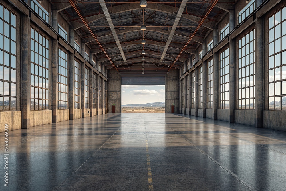 3d rendering of an empty warehouse with a lot of windows. 3d rendering of large hangar building and concrete floor and open shutter door in perspective view for background, AI Generated See Less