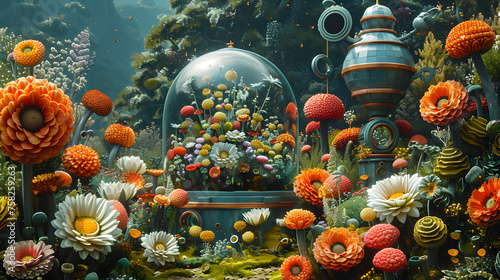 A vibrant, whimsical underwater dome filled with a variety of fantastical flora and structures
