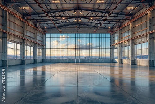 3d rendering of an empty warehouse with a lot of windows. 3d rendering of large hangar building and concrete floor and open shutter door in perspective view for background